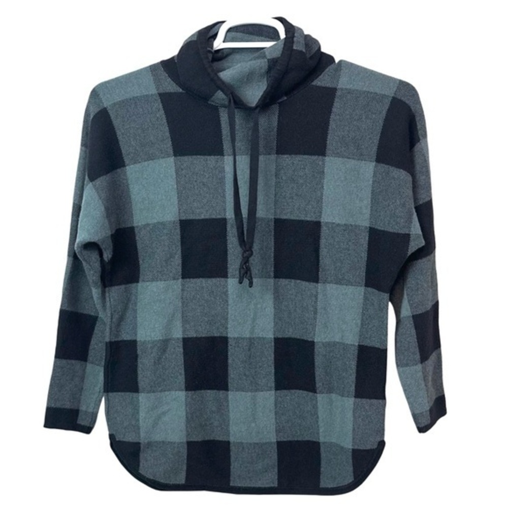 Adrienne Vittadini Buffalo Plaid Funnel Neck Sweater Teal Black Womens Small